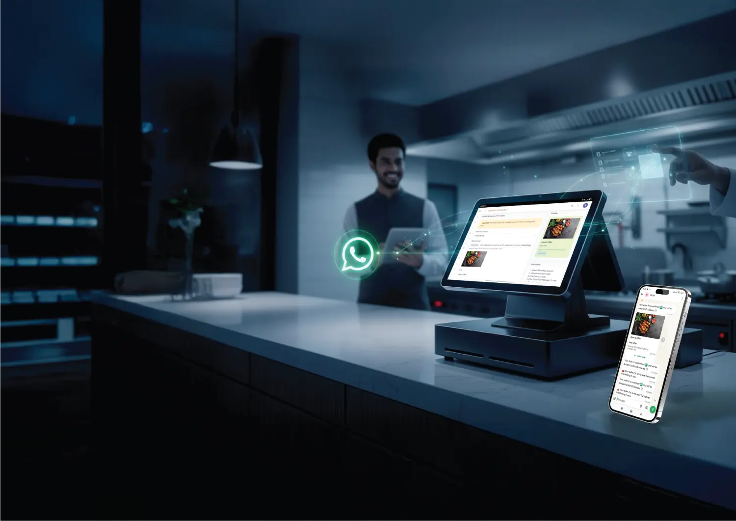 AigentPOS terminal on restaurant counter with WhatsApp AI ordering